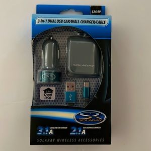 SOLARAY 3 In 1 Dual USB Car & Wall Charger With Micro USB Cable, Gray & Teal NEW